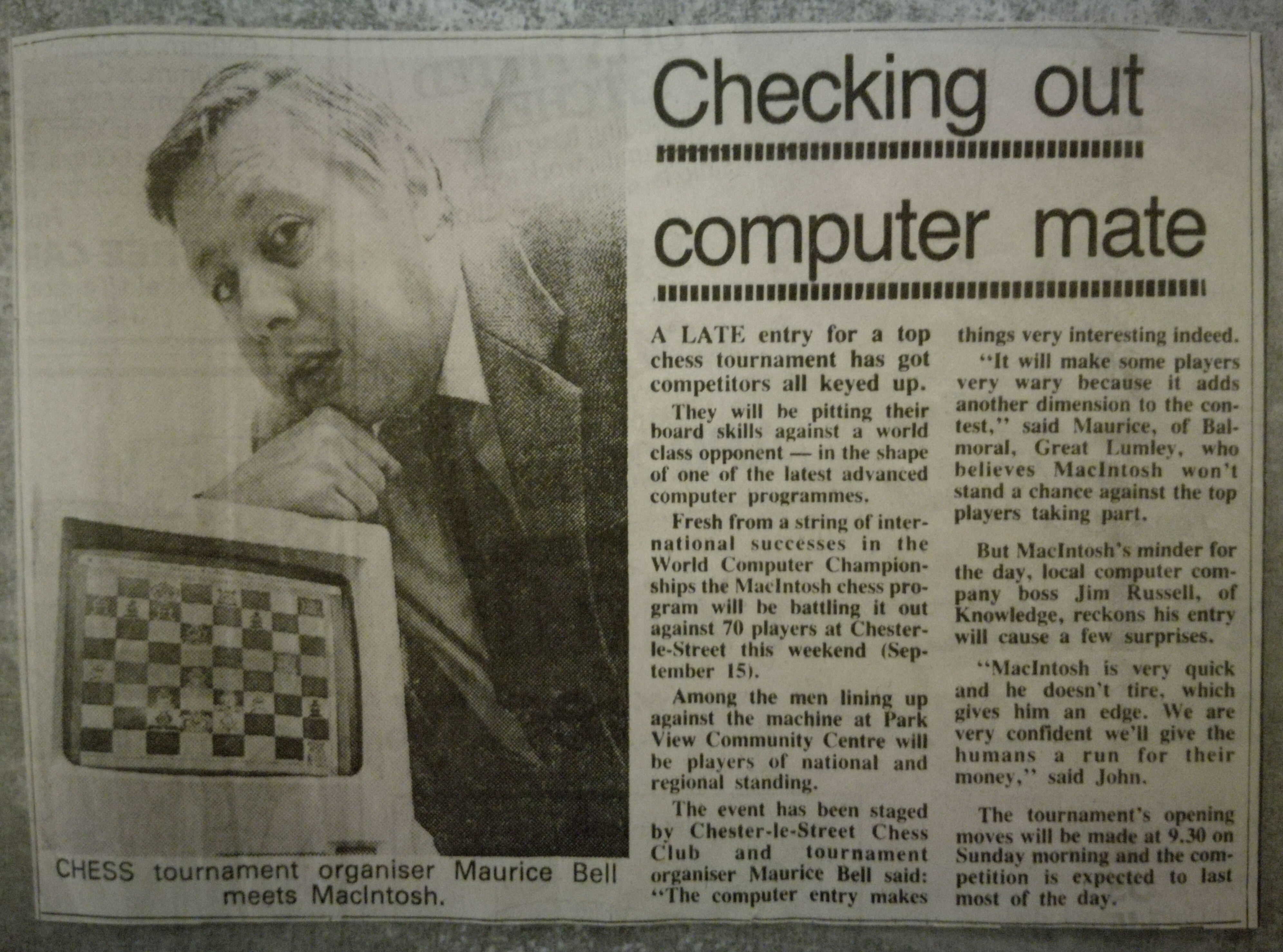Maurice Bell organising Chess Tournament with (Apple) MacIntosh Chess Computer entry